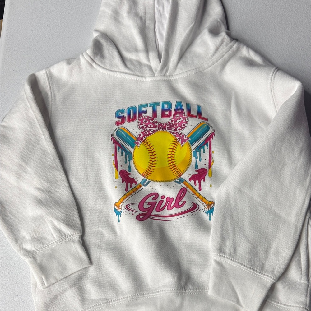 Rabbit Skins White Hoodie with Yellow, Pink, Teal and Blue Softball Graphic